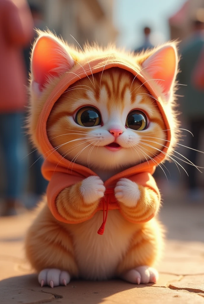Fascinating, 美味しくふわふわな子猫のエキゾチックショートショートヘアの高品質3D Rendering, Exudes cuteness and charm. With a round and plump body、It is softly covered, Vibrant fur and gentle, Small teeth peek out from a slightly open mouth. (Wearing a hoodie)、Its big, Expressive round eyes sparkle, and、Those rosy cheeks are charming. (Upright、Standing on two hind legs), Place your hands gently at your sides, She exudes a charming and friendly aura.. Highlights vibrant colors and textures, Creating visually striking and conceptually unique work., photograph, Conceptual Art, 3D Rendering、（The background is a zoo、crowd、Daytime、sun）
