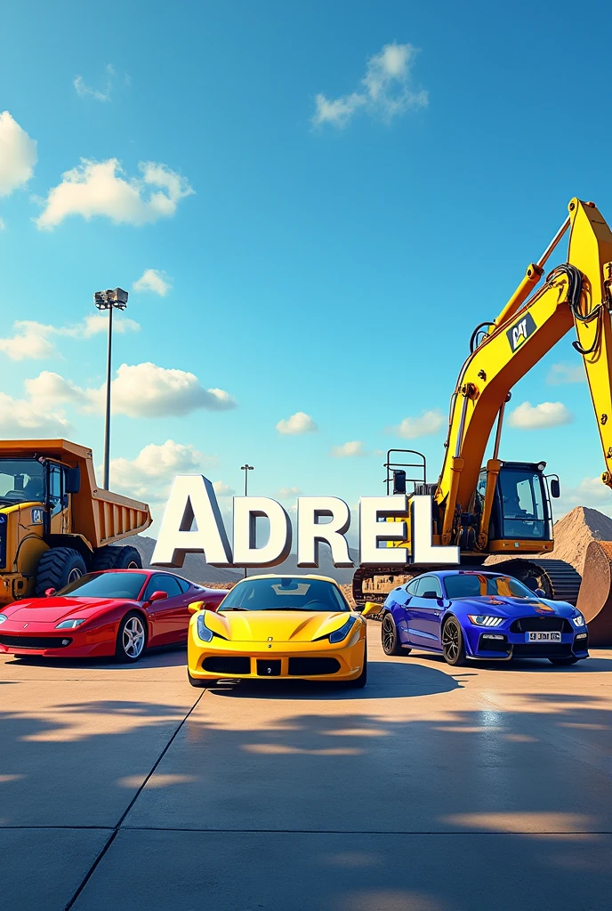 The word ((proper name Adriel)), between sports cars, background 10 am, sunny,right side a caterpillar excavator, left side a caterpillar dump truck, clear sky