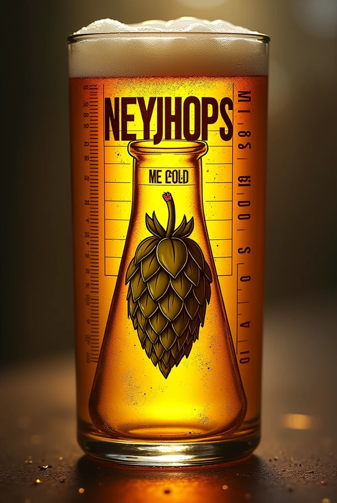 Logo for a beer bottle that says neyjhops, The logo must be inspired by chemistry flasks, The name must contain an image of a hop 