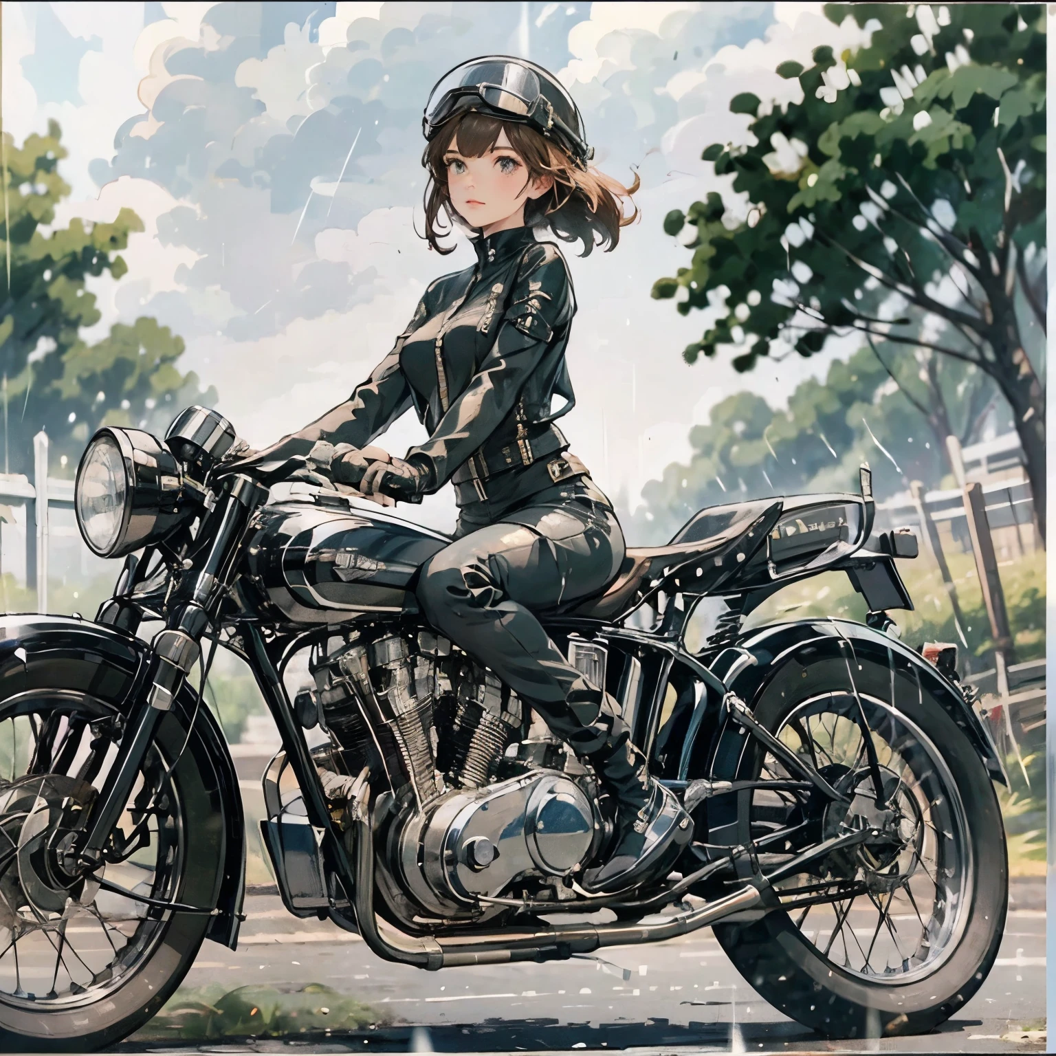 Vintage Bikes、Bluff Superior SS100、Isle of Man Races、(A young female rider speeds along on a motorcycle)、Leather jumper、Cromwell helmet with goggles、After the Rain、English countryside、(Highest quality, masterpiece, High resolution)、8k、wallpaper