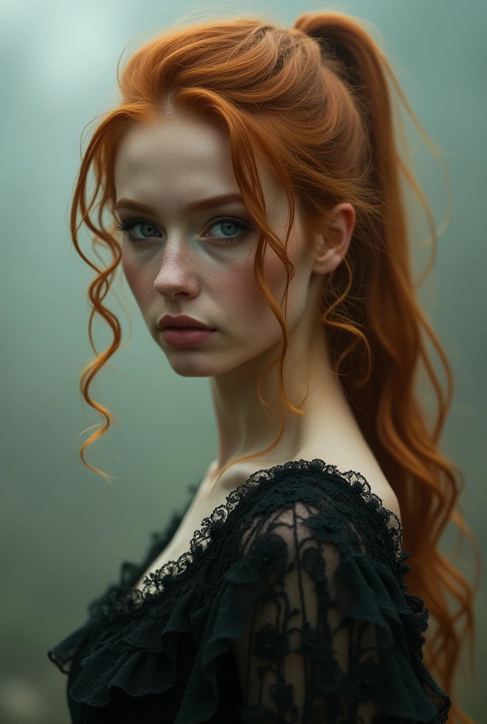 (solo, full body photo:1.3), (action packed:1.3), (haze, fog, mist:1.3), chiaroscuro, best quality, photorealistic, 1woman, (cute), (24yo:1.2), redhead, long ginger hair highly detailed, 1700'S, digital photography, art by artgerm and ruan jia and greg rutkowski surreal painting gold butterfly filigree, broken glass, (masterpiece, sidelighting, finely detailed Fashionable eyes: 1.2) (perfect oval large eyes that gazes at the viewer), beautiful detailed face, blue gorgeous perfect eyes, (blonde hair ponytail), (attractive young woman:1.3), (thick amazing hair), (seductive:1.1), (blushing:1.1)