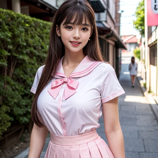 laughing out loud，pink collar,Wear student sailor uniform, The sailor uniform is a white shirt, pink bow tie and pink navy collar.，pink collar子，Pink pleated skirt，Pink navy collar，(knee shot), 1 girl, On the face, light brown hair, blunt bangs, hair behind ears, Hair over the shoulders, long hair, Slender body type, Super thin face, face slimming, delicate lips, beautiful eyes, Thin blush, Eyes are light brown,Check it out here, (realistic:1.3), Standing next to a Japanese street, 8k, , Super detailed, high quality, best quality, High resolution, ，Large Breasts，H CUP, 