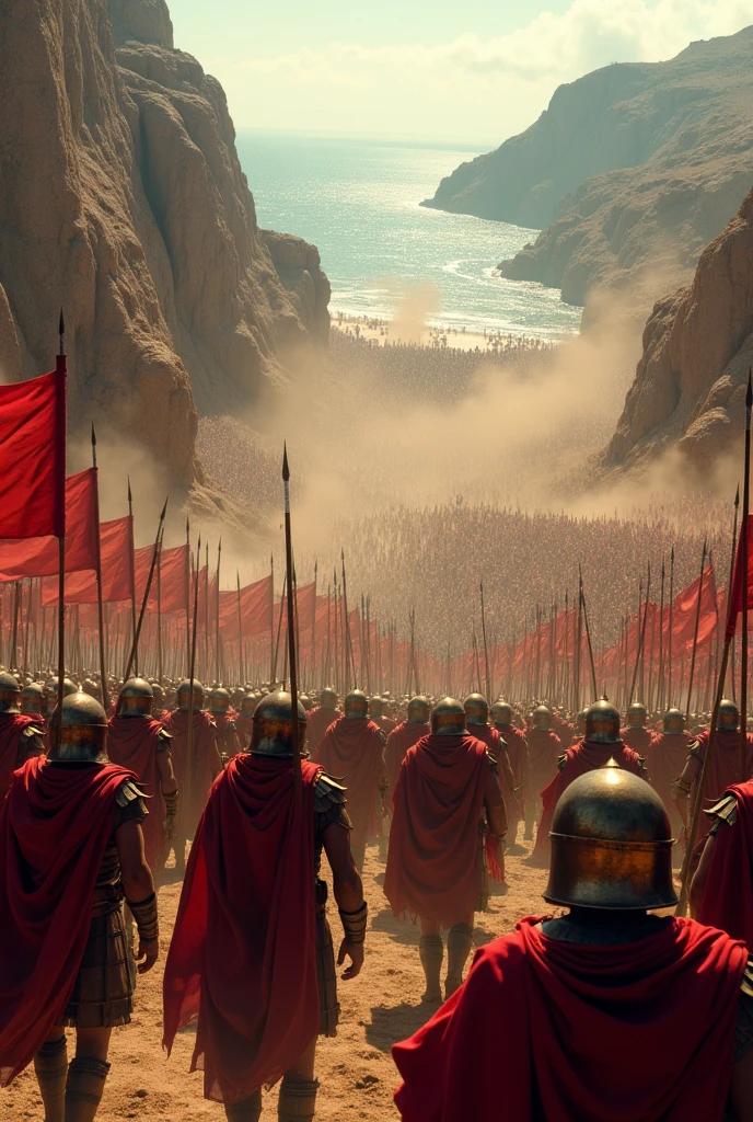 Battle of Thermopylae, with Spartans fighting Persians seen from above and in the distance showing 300 Spartans and thousands of Persians