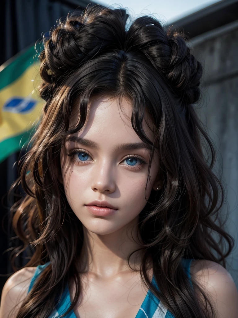 Create a tall black model with blue eyes and curly hair with the Brazilian flag