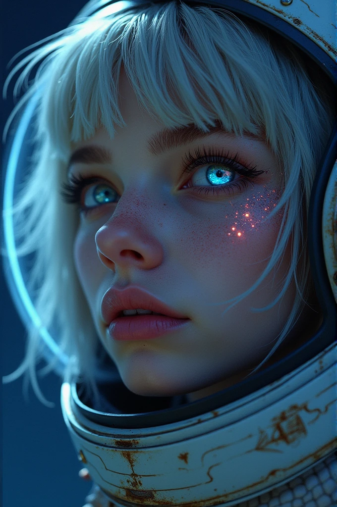 (Close-up of a better masterpiece:1.5)0.9], (Space and astronauts:1.2) (Messy silver hair:1.1) (Heterochromia xanthochromia and blue eyes:1.2) (Space Helmet:1.0) (Colored stars in the eyes:1.0) (A radiant glow:1.1) (thick lips:0.9)