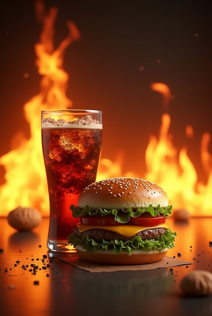 (photorealism:1.2), hamburguer whit cola whit fire