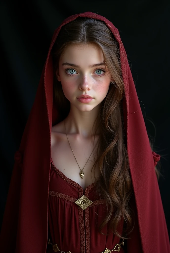 Photorealism、(black background!!!!!), Highest quality、Ultra-high resolution、The most beautiful!!!! pretty!!!!! gorgeous!!!!! lord of the rings young!!!!! 12!!!! year old arwen、(very extremely!!!!!! beautiful!!!!!!! highly detailed 12!!!!!!! year old young face)、medium size Breasts、thin .(Translucent white!!!!! skin!!!!!). german!!!!!, Big bright blue eyes. brown hair. (frontal shot!!!!!), (she is looking down!!!!), (body half in shadow!!!!!!). ( beautiful detailed elf dark!!!!!_red!!!!! gown!!!!! with golden details). (beautiful detailed dark!!!!!_red!!!! veil!!!!!! over head with golden details and lots of folds!!!), (bright topdown!!!!!! light!!!!!), (dark shades!!!!!!), contrapposto!!!!!!!!!!!!!!!!!, (receding into the dark!!!!!!!!!!!!)