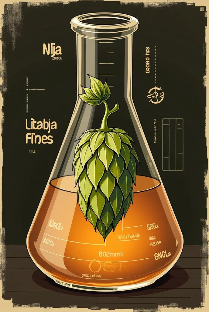 Label for a bottle of beer, Let&#39;s call it Neyjhops, that is inspired by a chemical flask, and that also has a hop. 