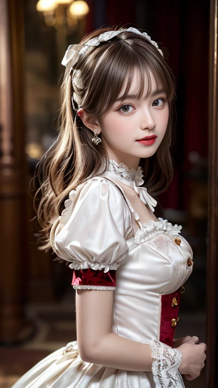 1 girl, very bright backlighting, solo, {beautiful and detailed eyes},large breasts, calm expression, natural and soft light, hair blown by the breeze, delicate facial features, Blunt bangs, beautiful Russian girl,eye smile, very small earrings, 22yo, ((model pose)), Glamor body type,(half red and half brown hair), flim grain, realhands, masterpiece, Best Quality, photorealistic, ultra-detailed, finely detailed, high resolution,brown messy hair, perfect dynamic composition, beautiful detailed eyes, Russian girl,((nervous and embarrassed)),sharp-focus, beautymix, FilmGirl,(smile),(wearing a baroque style Lolita fashion:1.3),(decorated with colorful lace:1.3),(white ruffles:1.3),(velvet ribbons:1.3),(ornate buttons and brooches decorate the bodice:1.3), facing reality,(cowboy shot:1.5),model posing