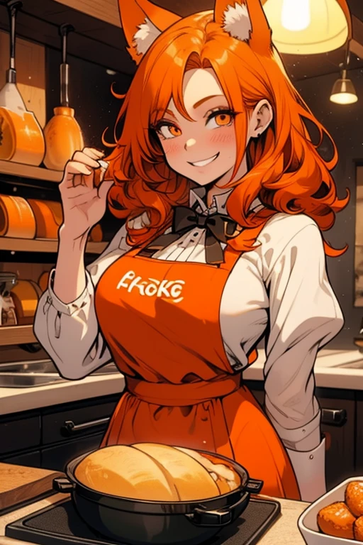 A young orange haired woman with copper eyes and an hourglass figure with orange fox ears and an orange fox tail in a Lolita maid uniform is smiling while baking bread in a fancy kitchen