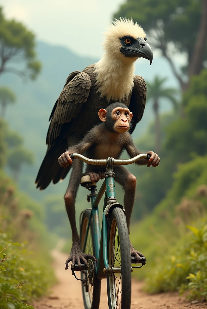 vulture and monkey riding a bike