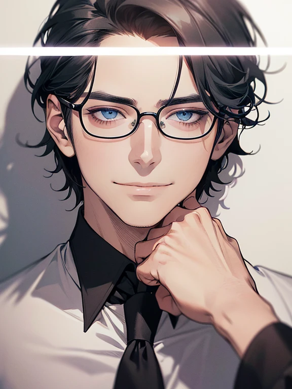 masterpiece, best quality, 1male mature, man, mature, 32 years, gray black hair, blue eyes, glasses, CEO, expression smile in love, white shirt, mugshot, wall background, detailed eyes, detailed facial features, realistic and high resolution (best quality, 4k, 8k, highres, masterpiece:1.2)