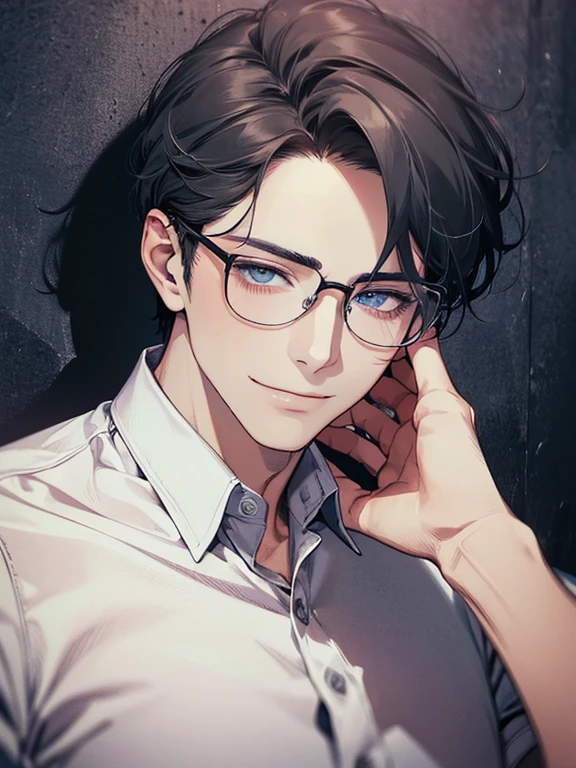 masterpiece, best quality, 1male mature, man, mature, 32 years, gray black hair, blue eyes, glasses, CEO, expression smile in love, white shirt, mugshot, wall background, detailed eyes, detailed facial features, realistic and high resolution (best quality, 4k, 8k, highres, masterpiece:1.2)