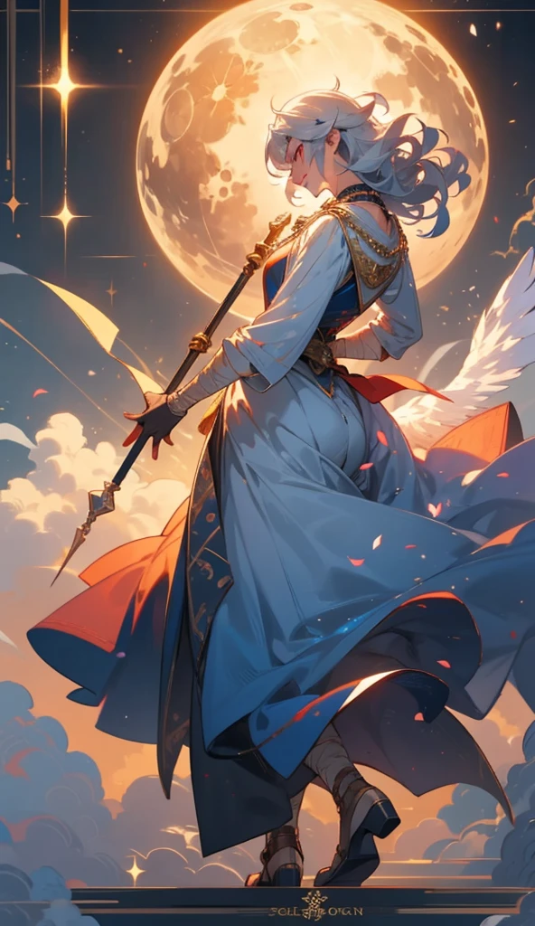 masterpiece, insanely detailed, man, angel, clown, grumpy, evil smiling, making a thumbs up, dancing, looking back, curly, silver hair, red eyes, eyes half-closed, detailed skin, towering, wiry, necklace, gloves, with a bandage, with a staff, nail polish, adult, Scene of Wonder, in the flower garden, with a moon, in the evening, with a lightning, fantasy, full body shot, from side, from above, golden hour