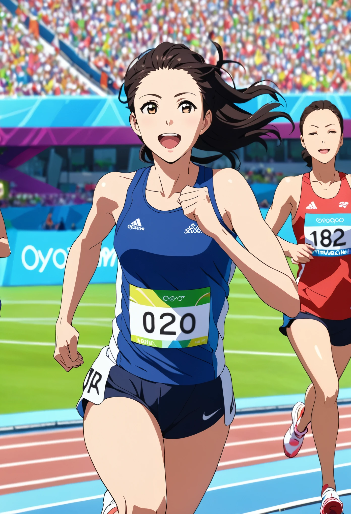 ((master piece, best quality, high detailed)) A Scene of Happiness, A female runner finishing first at the Olympics, 1woman, solo, female mature, anime screencap
