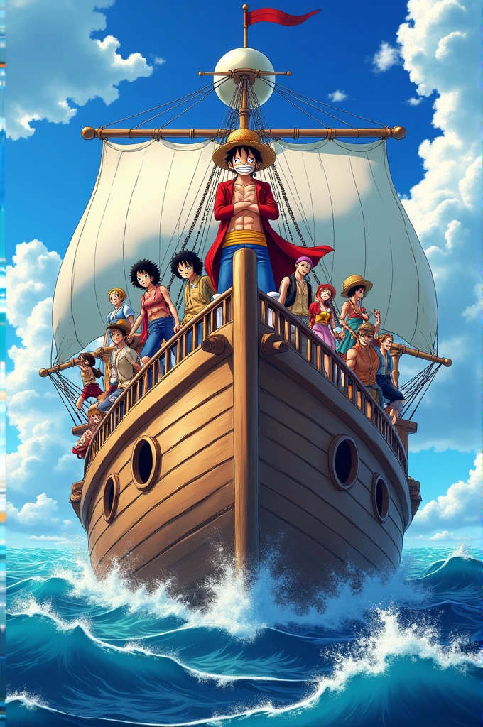 One piece luffy en el mar con su barco y los mujiwuaras