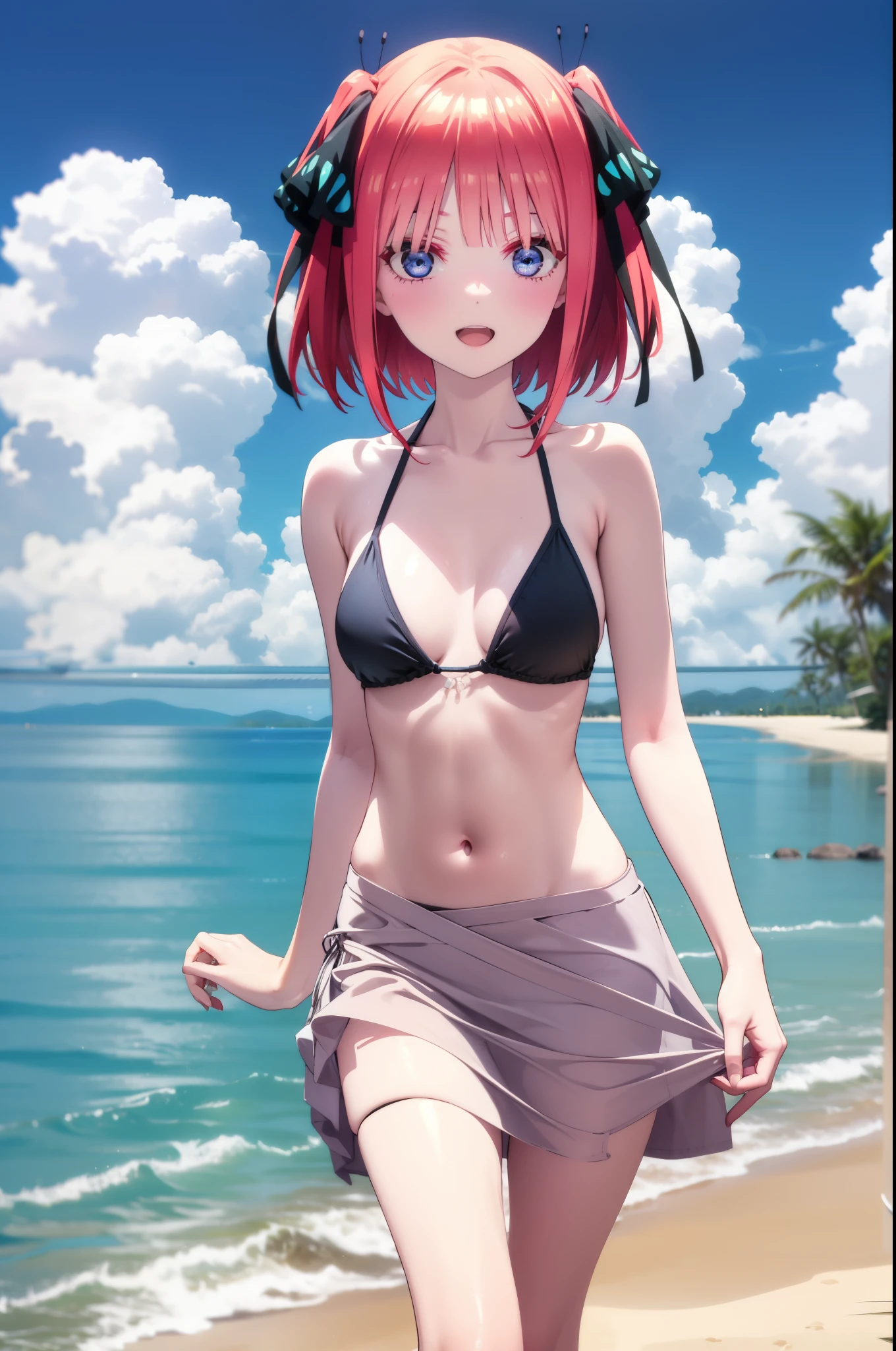 Nakano Nino, Short Hair, bangs, blue eyes, hair ornaments, Hair Ribbon, Pink Hair, blunt bangs, Both sides up, butterfly hair ornaments,smile,Open your mouth,Black string bikini swimsuit,Pareo Swimsuit,Belly button,abdomen,barefoot,A thin long skirt is wrapped around her waist,Strolling on the sandy beach,Walking,True Summer,Daytime,Clear skies,whole bodyがイラストに入るように、
break outdoors, Beach,
break looking at viewer,whole body,
break (masterpiece:1.2), Highest quality, High resolution, unity 8k wallpaper, (figure:0.8), (Beautiful attention to detail:1.6), Highly detailed face, Perfect lighting, Highly detailed CG, (Perfect hands, Perfect Anatomy),