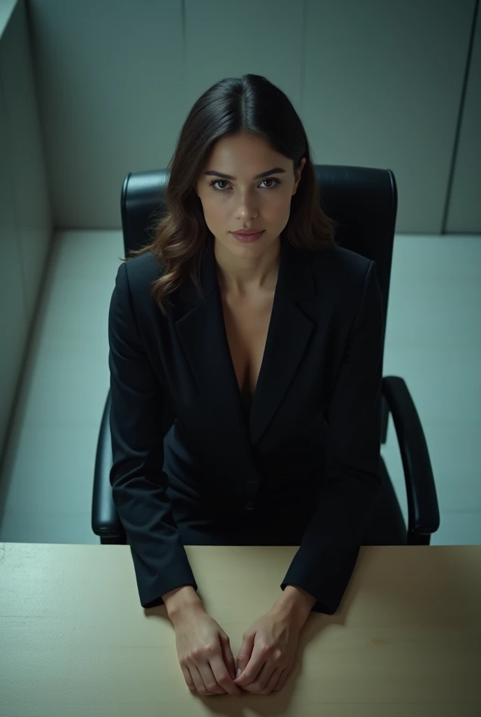 A high-angle shot of an interrogation room, with a young, attractive female lawyer sitting at a desk. She is wearing a fitted blazer and skirt, and is looking directly at the camera.