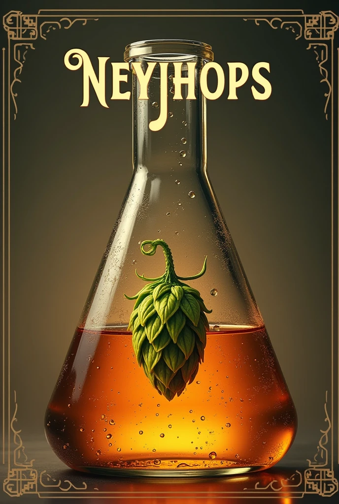 Label for a bottle of beer, Let&#39;s call it Neyjhops, that is inspired by a chemical flask, and that also has a hop. 