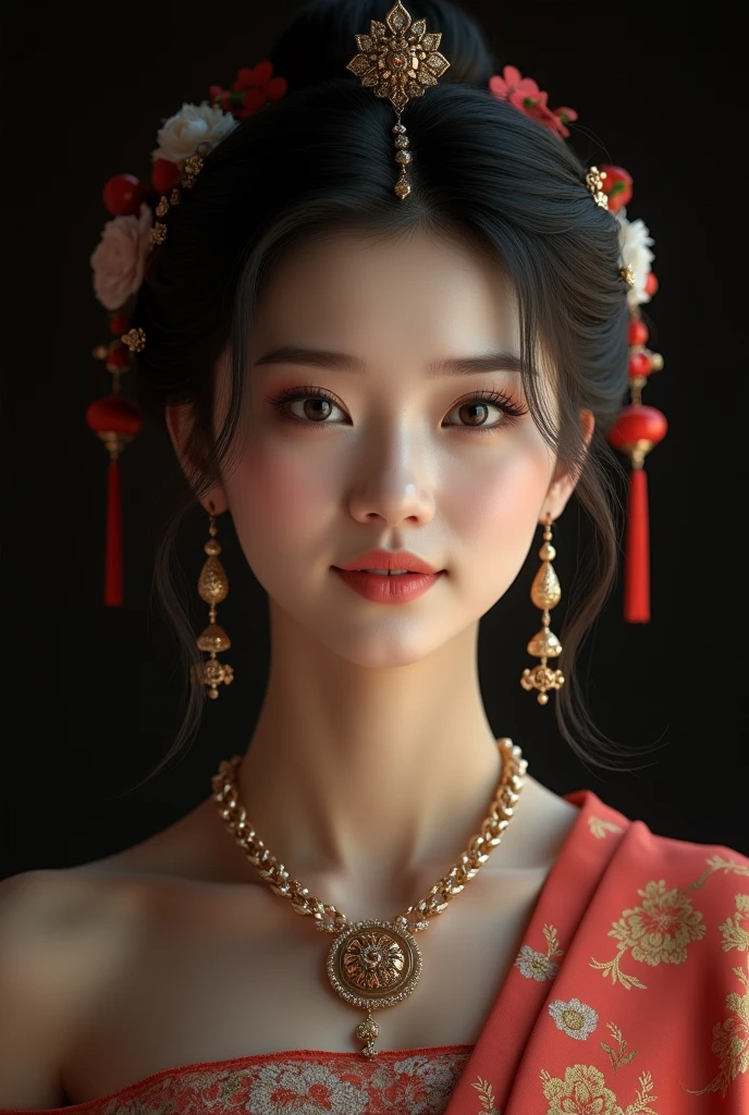best qualityer, work of art, high resolution, 1 girl,chinese dress,hair ornament,necklase, jewerly,beautiful face,about_cos, Tyndall effect,photorrealistic, dark studio, rim lighting, two tone lighting,(highly detailed skin:1.2), 8k uhd, dslr, soft lighting, high qualiy, volumetric lighting, candid, fot, high resolution, 4K, 8k, bokeh