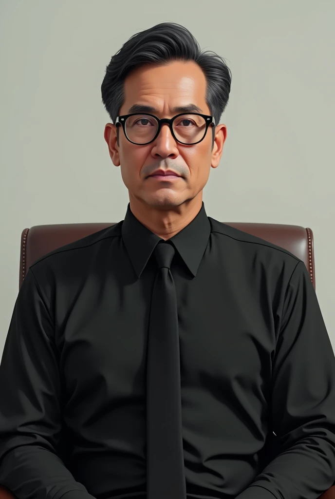 (drawing) A 45 year old white male with a slightly heavy build, with black round glasses, SERIOUS LOOK, black hair and shirt with tie, sitting looking forward