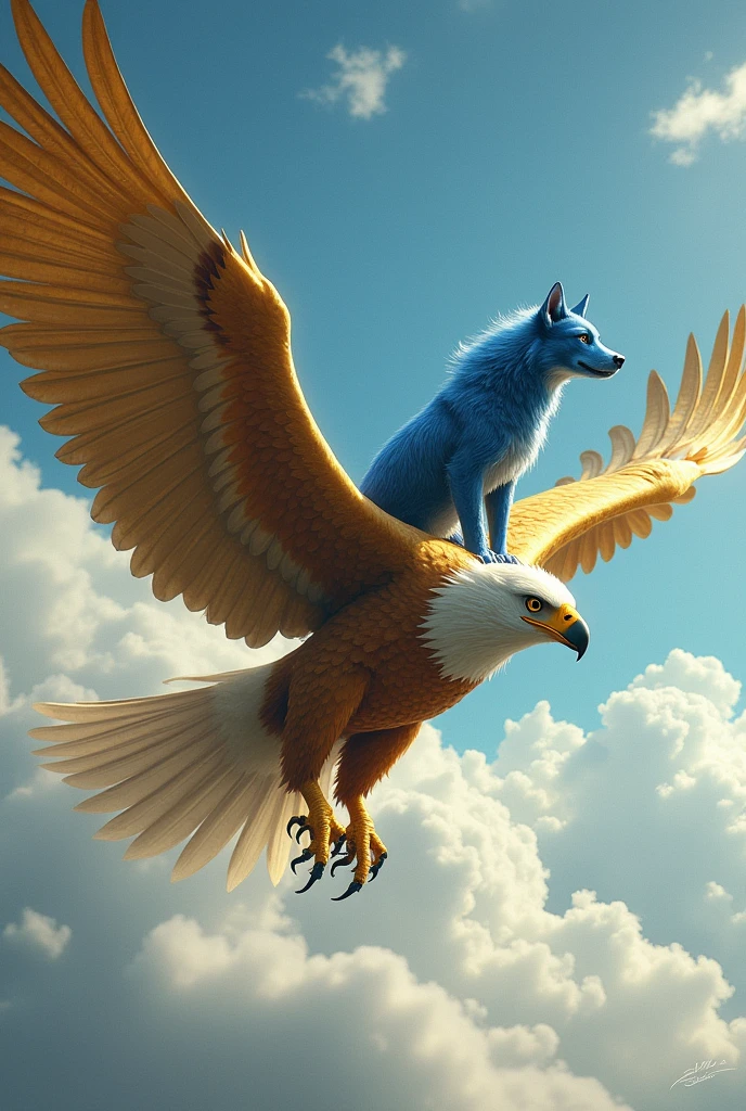 Gold eagle with a blue dog on him