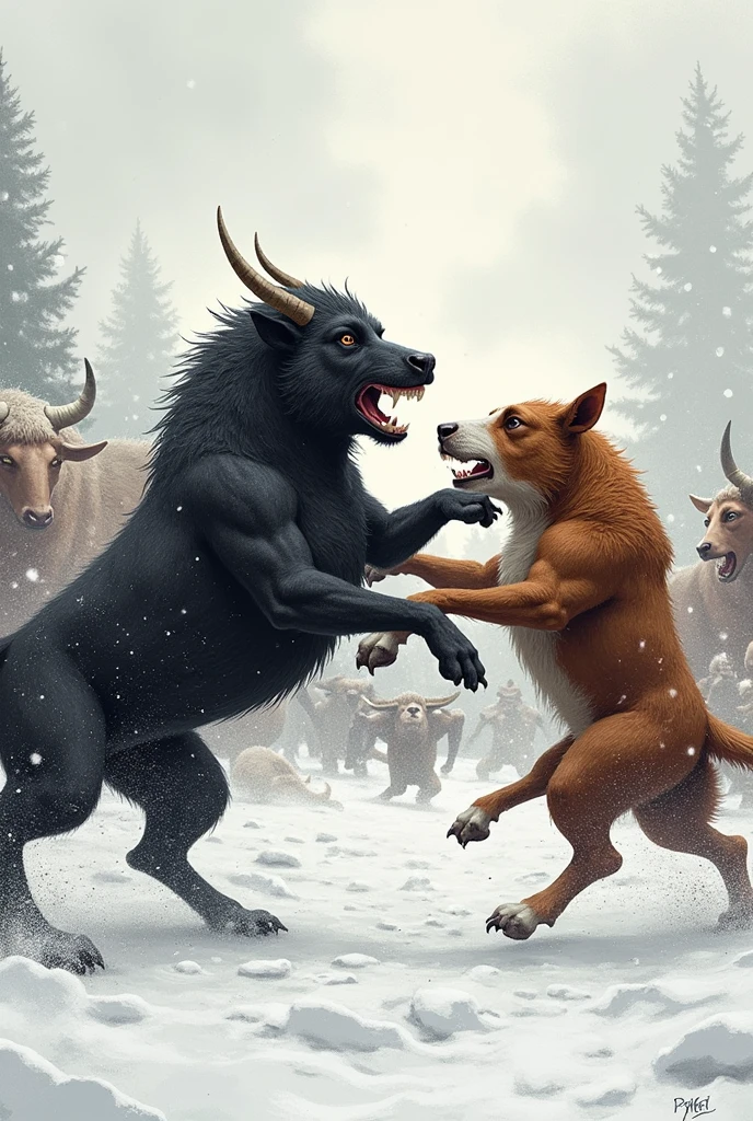 Image: Animals in combat, fighting off invading farmers. Snowball and Boxer are in the foreground, fighting bravely.
drawing