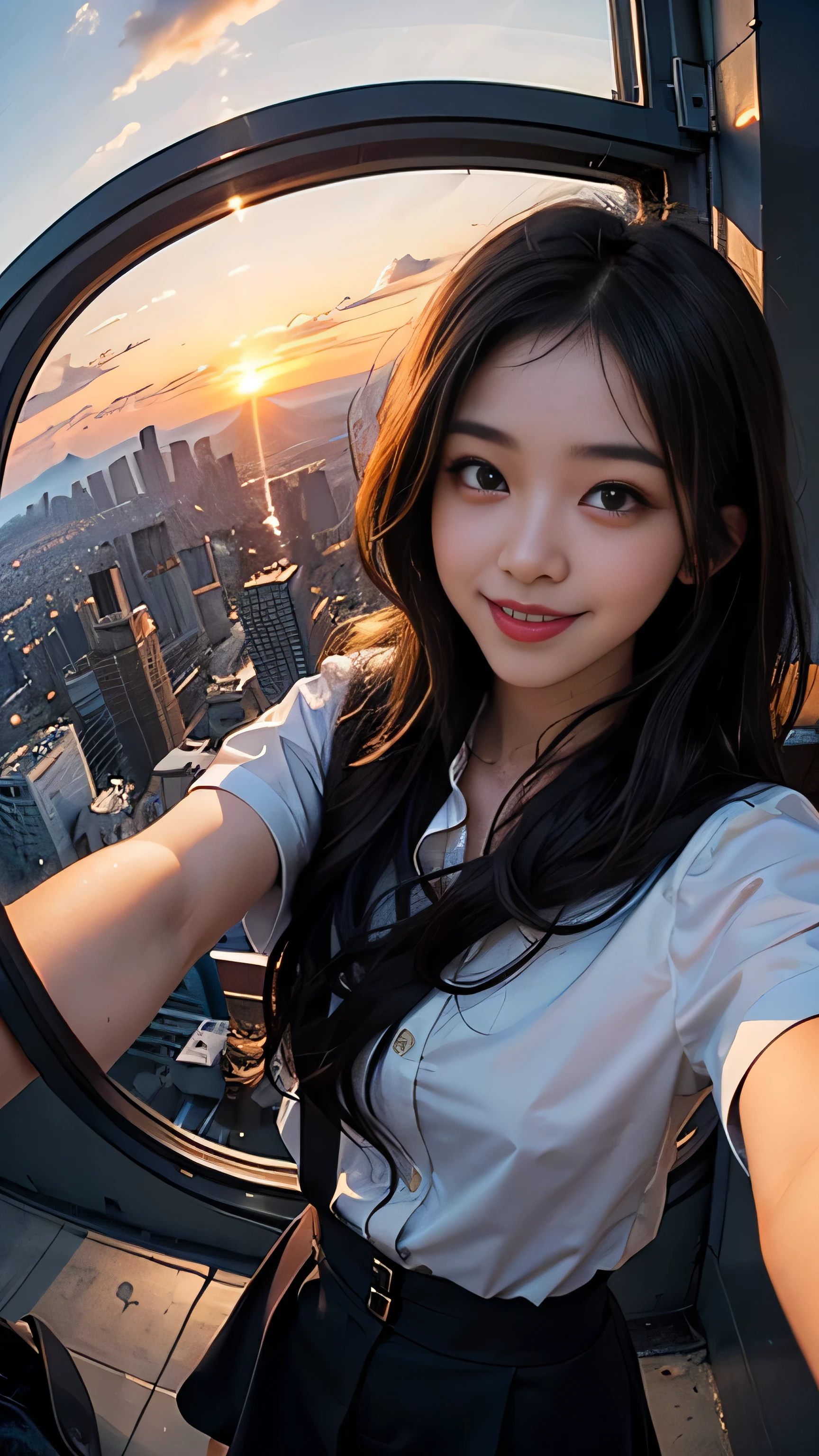 One girl, Korean, Fisheye Lens, Selfie, Wind, Messy Hair, sunset, Cityscape, (Aesthetics and atmosphere:1.2),smile