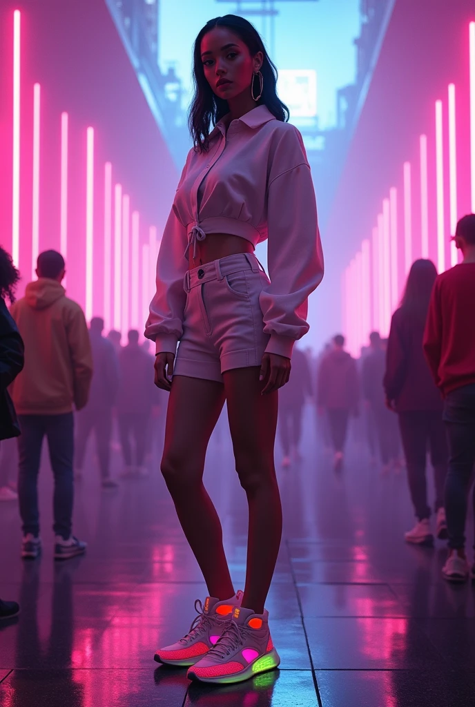 Digital influencer at a futuristic rave wearing classic-sounding sneakers, but has colored cuts, giving a futuristic touch.