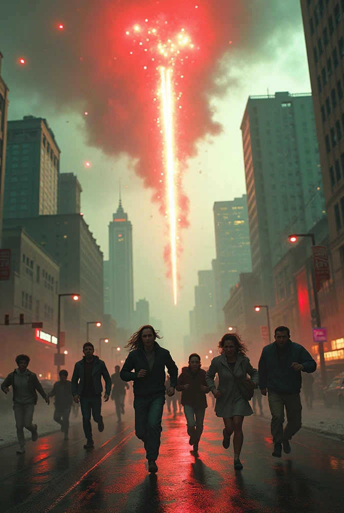 Create a scene of buildings being destroyed and 10 people running away from the red meteor shower, greens, blue