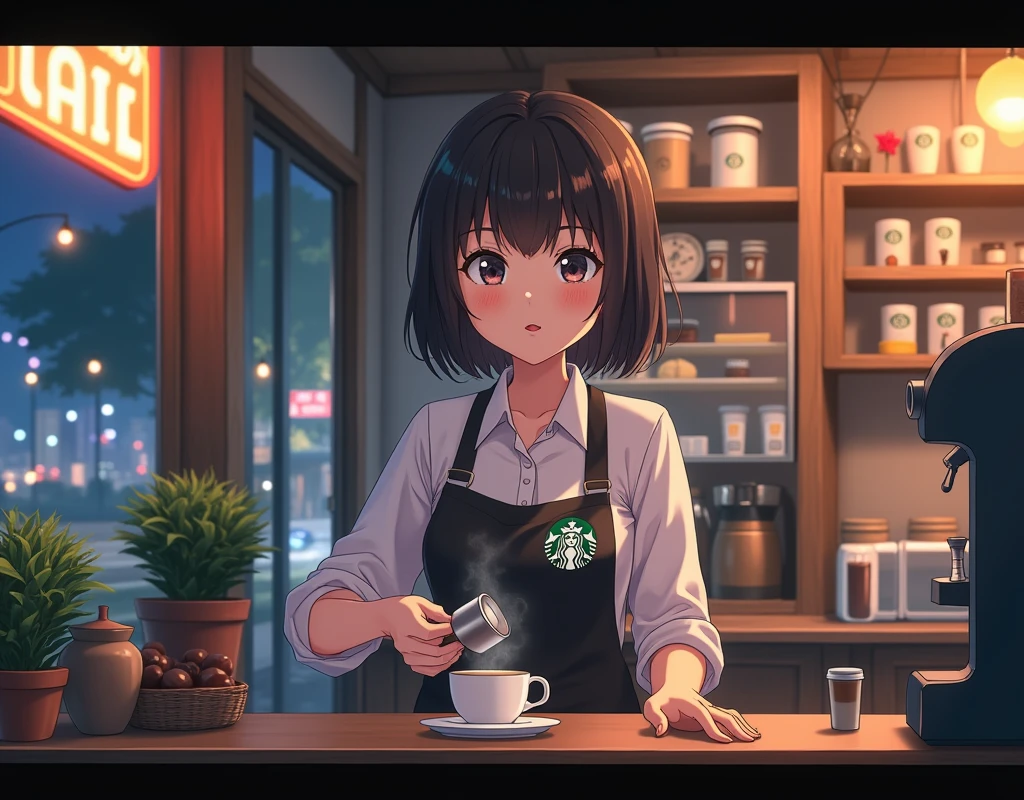 anime cafe lady serving starbucks coffee at night