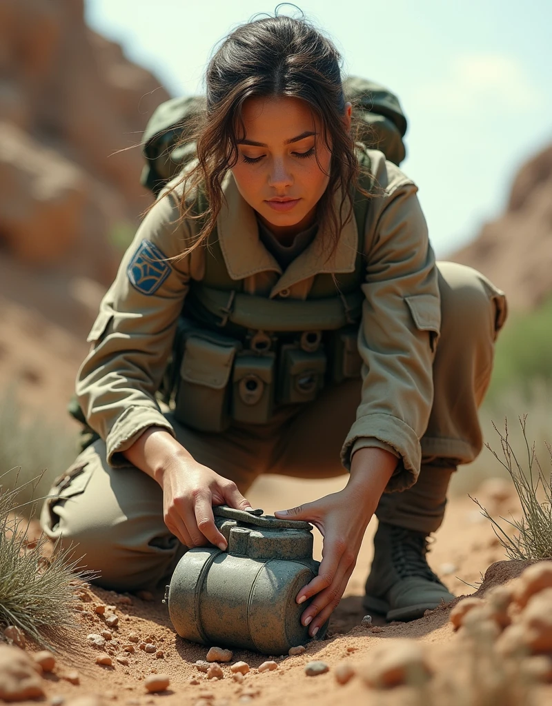 (photorealism:1.2), military woman, setup landmine