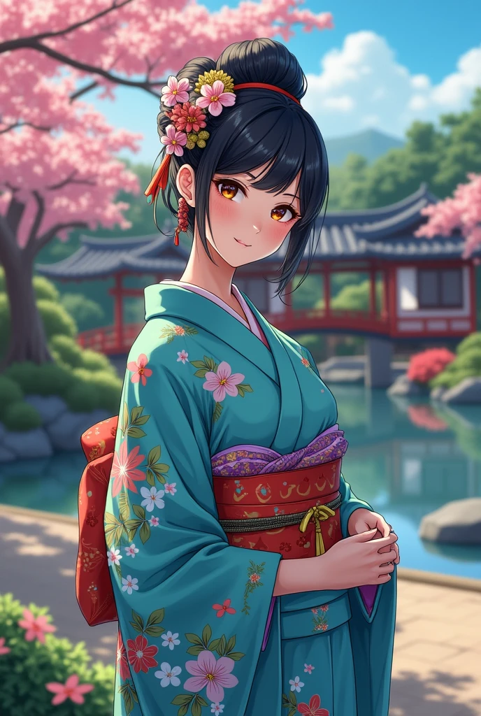 (masterpiece、Highest quality、8k、High resolution)、Traditional Japanese beauty in kimono、The best girl in anime、Floral pattern on white background、Vibrant colors、Japanese garden、There is a pond、Colorful flowers、Vibrant colors、Cherry Blossom、There is a drum bridge、A complete portrayal、Detailed anime art、