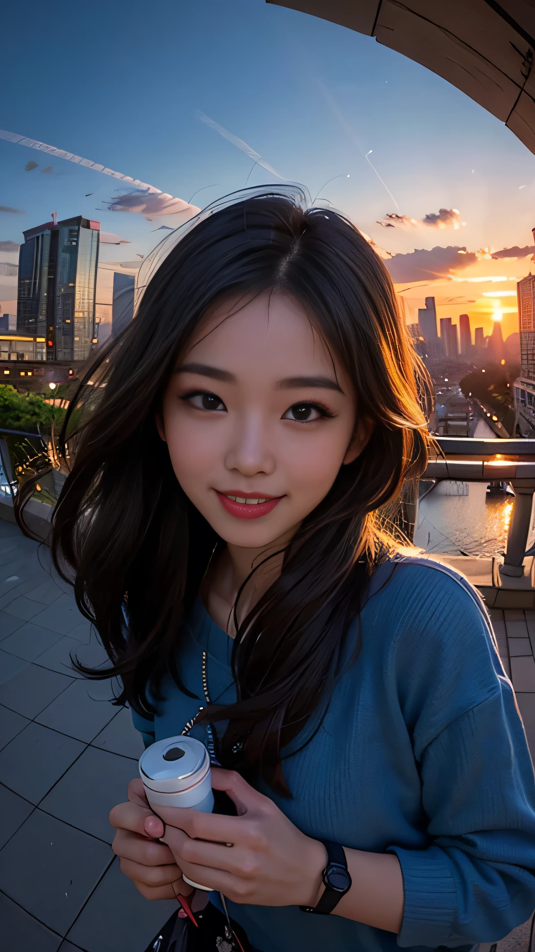 One girl, Korean, Fisheye Lens, Selfie, Wind, Messy Hair, sunset, Cityscape, (Aesthetics and atmosphere:1.2),smile