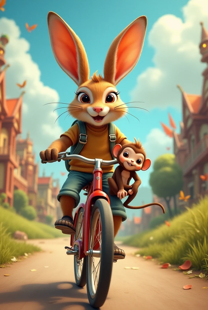 Big-eared animal and monkey riding a bike
