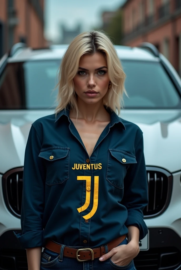 Cell phone background with a stylish blonde woman with a dark blue shirt and the Juventus symbol in gold in front of a BMW as if she were far from the camera, she and the car and they as if they were far from the camera, her full body in the photo in front of the car showing the car's grille, her with a more rebellious style.