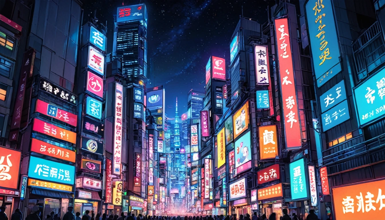 (((wide angle shot))), Cartoon Collage, tokyo city night background, neon light, detailed background, Anime Style, ((no human))