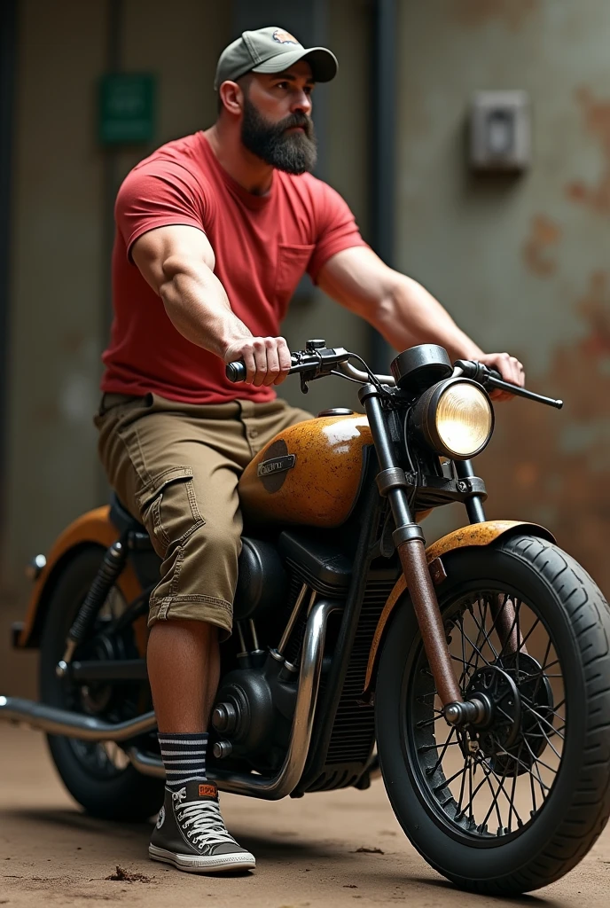 Muscular man wearing a shirt with long shorts Long loose shorts With pockets on the sides with converse sneakers red T-shirt and brown shorts Long short, Normal musculature With beard and baseball cap Realistic musculature On a rusty and worn stempunk motorcycle