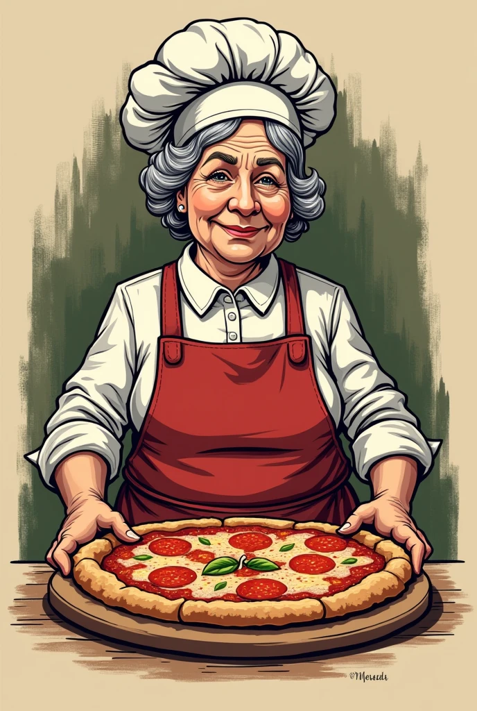 Create a logo for a pizzeria featuring the name Donna nonna. Using a stylized drawing of an overweight Italian lady. Wearing an apron and chef's hat. Must contain an image that resembles an Italian Neapolitan pizza. Somewhere it should also contain the words stylized artisanal pizzas.