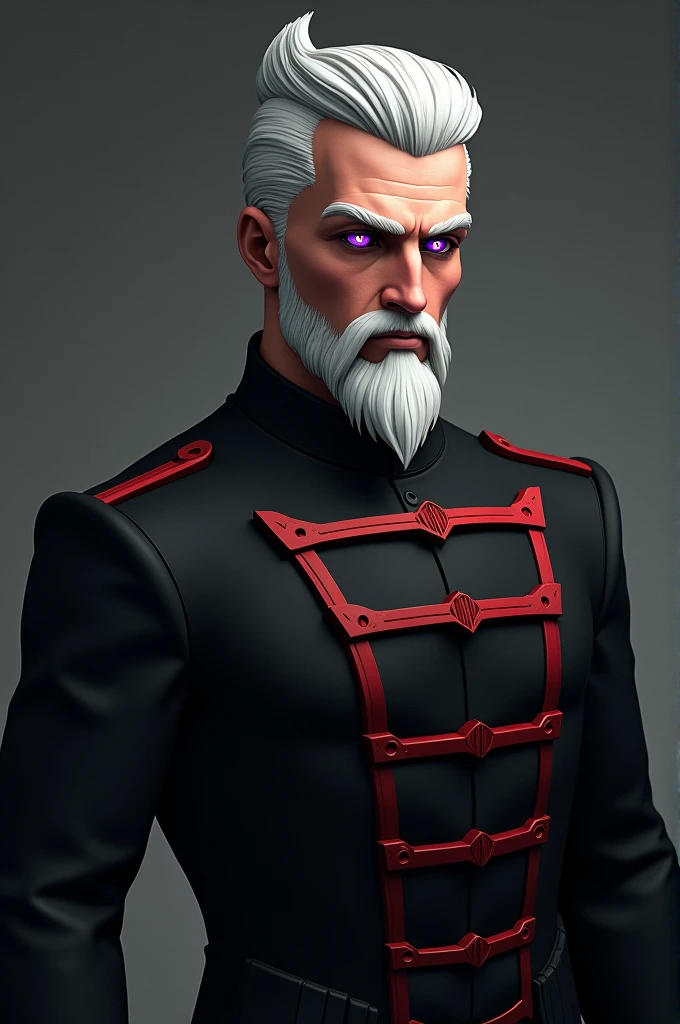 A 33-year-old man, short hair combed back with a lock of white hair, a Ductkail-style beard, wears black imperial clothing with red details, purple eyes