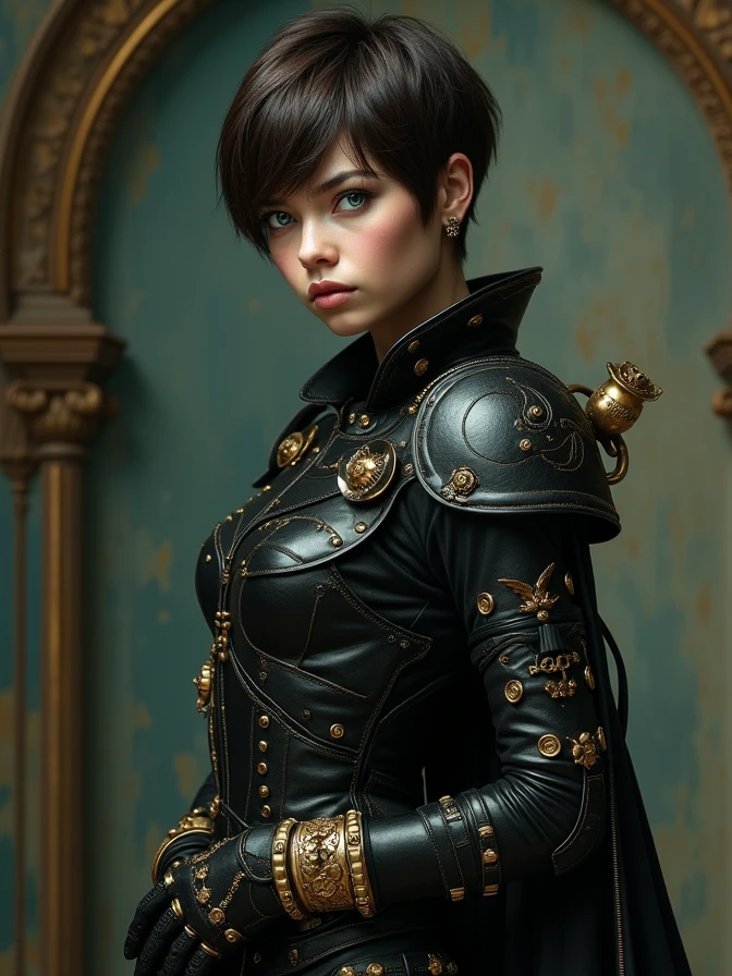 full body shot of one Beautiful woman. Dark brown hair, pixie haircut. blue eyes. daring outfit. goth tomboy. maidenly charm. space rogue. Knightly cyber armor. golden accessories. Napoleonic trenchcoat. Dark sci-fi. Warhammer 40k. Dieselpunk. baroque oil painting.