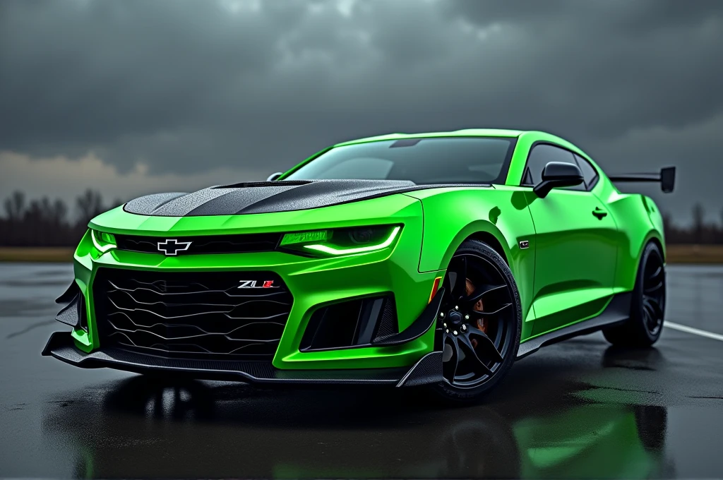 A powerful and captivating image of a Camaro ZL1 with a striking green and black color scheme. The car's body is covered in a bright, vivid green, while aggressive black accents on the grille, wheels, and performance elements create a bold contrast. The dark, moody sky serves as a dramatic backdrop, and the glowing green headlights appear like menacing eyes, ready to spring into action 