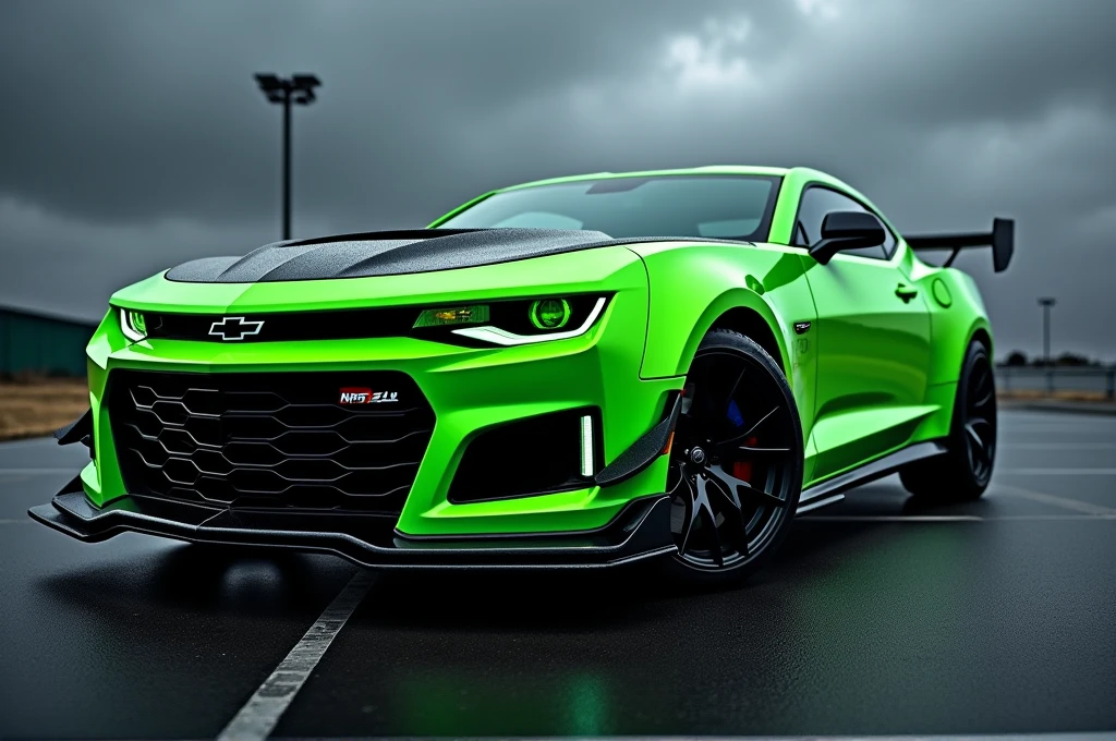 A powerful and captivating image of a Camaro ZL1 with a striking green and black color scheme. The car's body is covered in a bright, vivid green, while aggressive black accents on the grille, wheels, and performance elements create a bold contrast. The dark, moody sky serves as a dramatic backdrop, and the glowing green headlights appear like menacing eyes, ready to spring into action 