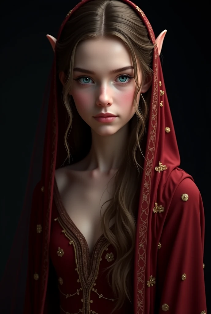 Photorealism、(black background!!!!!), Highest quality、Ultra-high resolution、The most beautiful!!!! pretty!!!!! gorgeous!!!!! lord of the rings young!!!!! !!!! yerwen、(very extremely!!!!!! beautiful!!!!!!! highly detailed 12!!!!!!! year old yium size Breasts、thin .(Translucent white!!!!! skin!!!!!). german!!!!!, Big bright blue eyes. brown hair. (frontal shot!!!!!), (she is looking down!!!!), (body half in shadow!!!!!!). ( beautiful detailed elf dark!!!!!_red!!!!! gown!!!!! with golden details). (beautiful detailed dark!!!!!_red!!!! veil!!!!!! over head with golden details and lots of folds!!!), (bright topdown!!!!!! light!!!!!), (dark shades!!!!!!), contrapposto!!!!!!!!!!!!!!!!!, (receding into the dark!!!!!!!!!!!!)