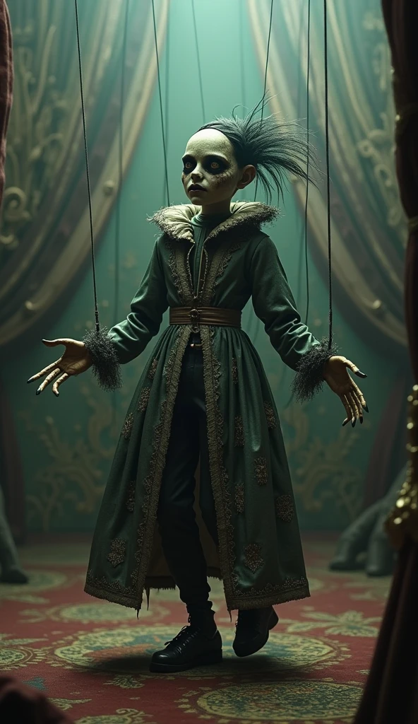 Best quality, masterpiece, puppet, controlled, doll in fancy dress, fancy circus stage background, dancing, detailed image texture, grotesque, horror, creepy atmosphere (not AI image), cloudy weather, foggy