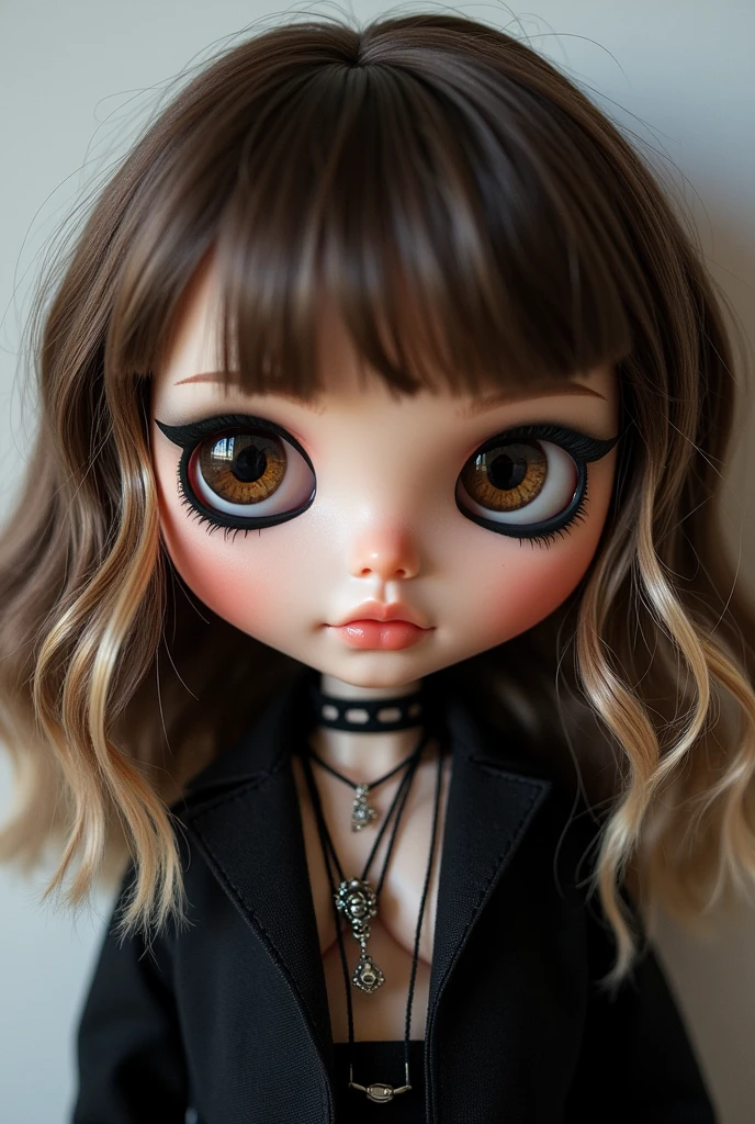 Make me a blythe doll, with dark brown eyes, Medium dark brown wavy hair with blonde highlights in front, black eye shadow, black outline, alternative with necklaces
