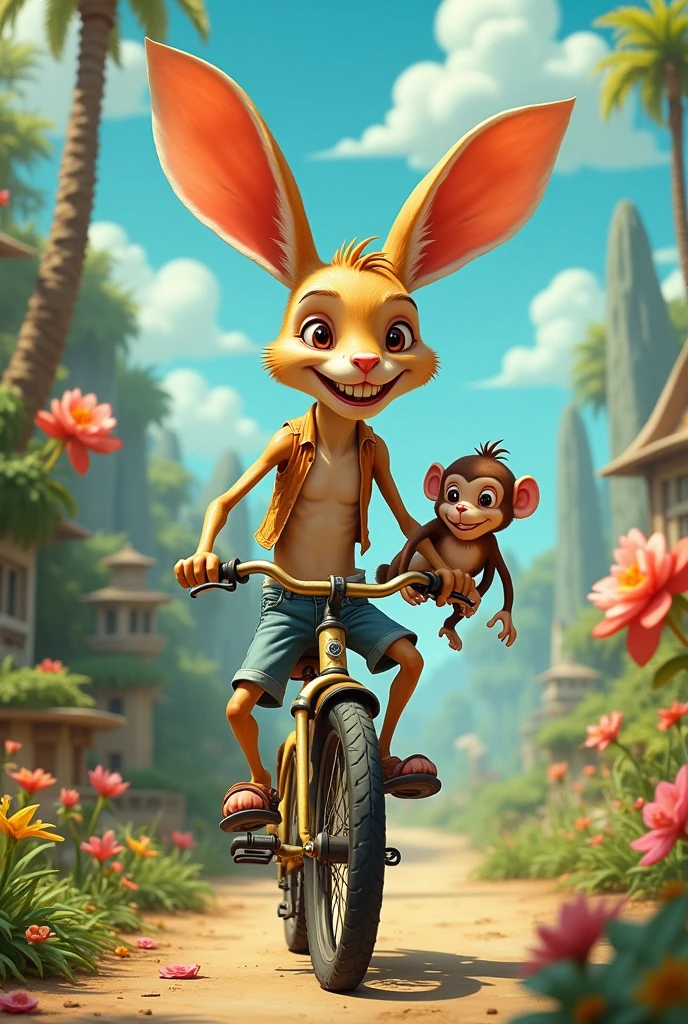 Skinny, big-eared animal riding a bike with a monkey 