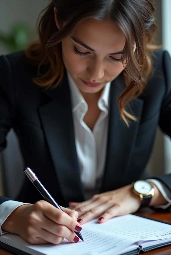 A close-up of a young lawyer's half-body figure, as she writes notes on a notepad. She is wearing a tailored suit and a watch, and her nails are painted a deep red.
