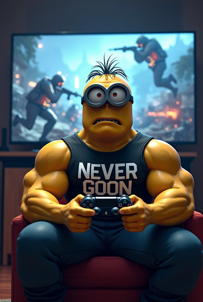 An minion with big epic muscles, being a soldier, his shirt says “NEVER GOON”, with a playstation controller, playing warzone on his television,