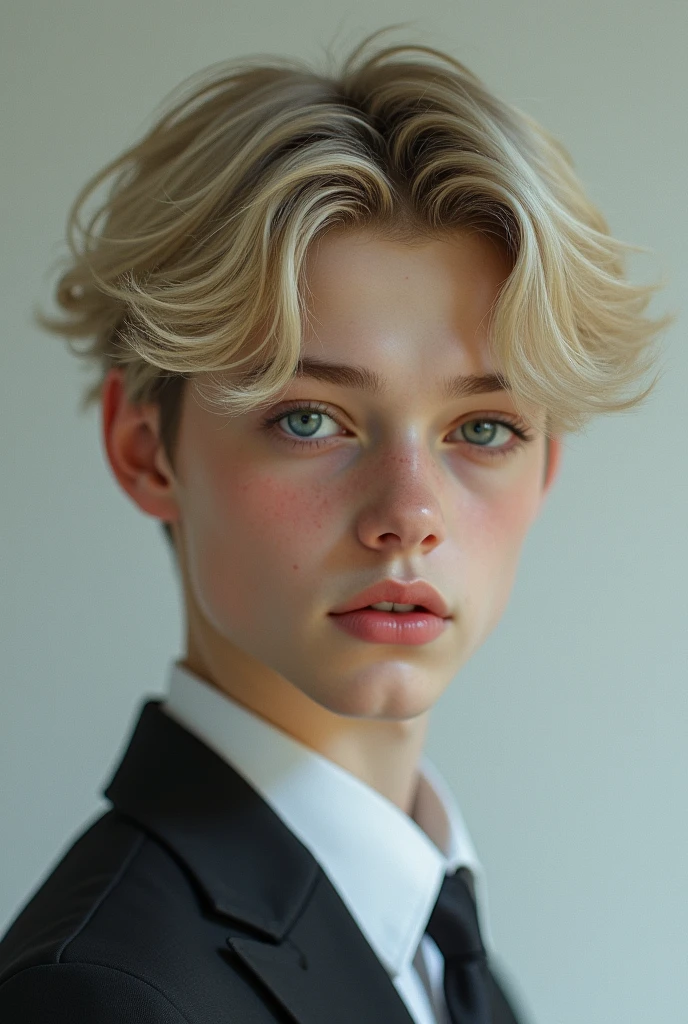 Teenage boy 
with silver eyes ,chisled facial features, and light blonde hair